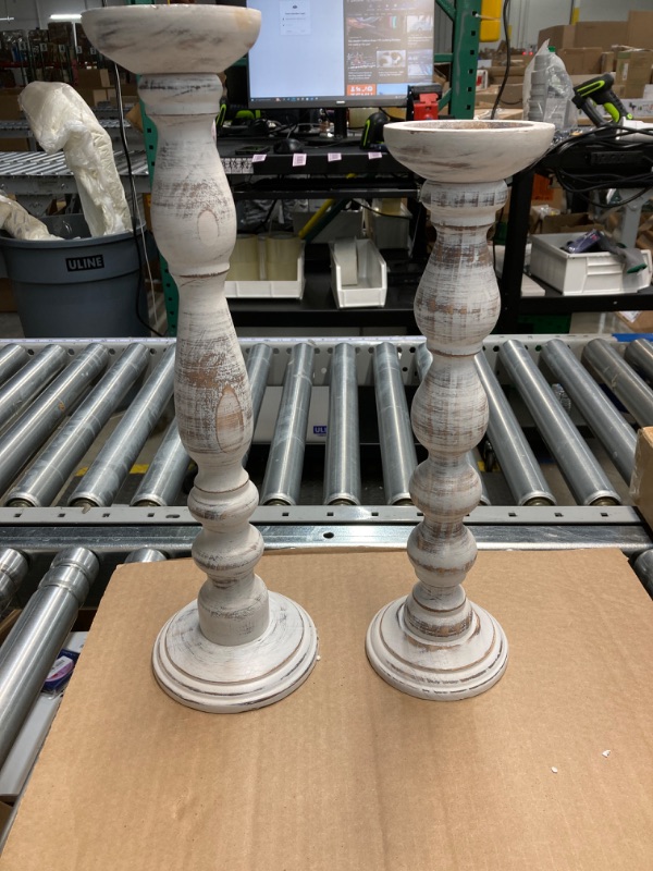 Photo 2 of 2 Pcs Floor Tall Candle Holders White Rustic Large Wooden Floor Candle Holders Tall Set 18 Inch 16 Inch Vintage for Candlesticks, Large Wooden Farmhouse Style Accent Decor, Gift for Home