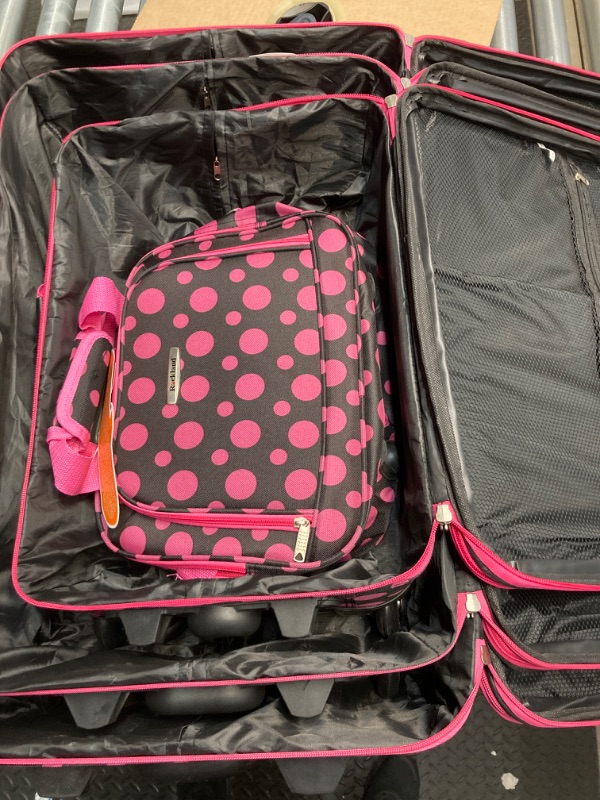 Photo 3 of **parts only wheels are broken***Rockland Fashion Softside Upright Luggage Set, Black/Pink Dot, 4-Piece 