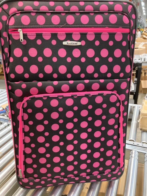 Photo 2 of **parts only wheels are broken***Rockland Fashion Softside Upright Luggage Set, Black/Pink Dot, 4-Piece 