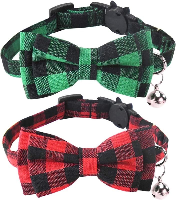 Photo 1 of (Not Exact Photo) Malier 2 Pack Christmas Cat Collars Breakaway with Bow Tie and Santa Charms, Classic Buffalo Plaid Kitten Collar with Cat Bow Tie Cat Collar for Cats Kitty Kitten Cat Stocking (Red + Green)
