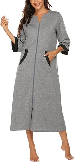 Photo 1 of (Not Exact Photo) Ekouaer Women Zipper Robe 3/4 Sleeves Loungewear Dress Full Length Sleepwear Pockets Housecoat Nightgown Long Bathrobe Medium Style 1-Grey 