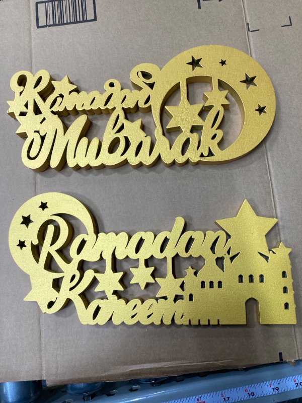 Photo 2 of 2 Pcs Ramadan Mubarak Sign Ramadan Kareem Table Decor Islamic Wood Eid Decorations Tabletop Rustic Wooden Letter Gold Mosque Centerpiece for Home Kareem Gifts