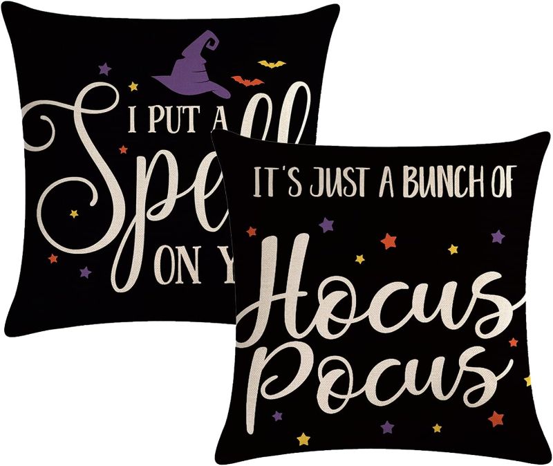 Photo 1 of 7COLORROOM Set of 2 Happy Halloween Pillow Covers Black Hocus Pocus Cushion Cover Farmhouse Halloween Decor Pillowcases 18”×18”, for Holiday Day Sofa Patio Bed