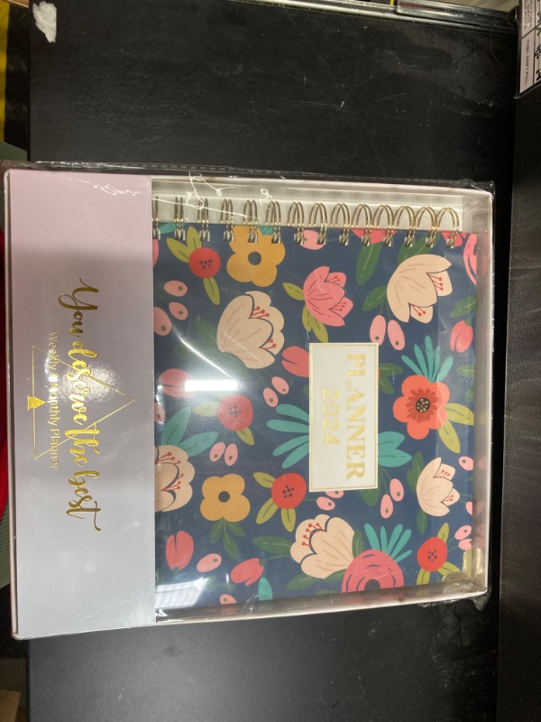 Photo 2 of 2024 Planner - Large Planner 2024, Weekly & Monthly with Tabs, 8" x 10", January 2024 - December 2024, Hardcover with Back Pocket + Twin-Wire Binding + 15 Notes Pages + Inner Pocket - Navy Floral