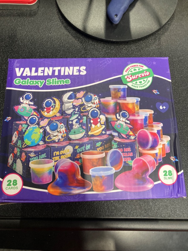 Photo 3 of 28 Pack Valentines Day Gifts for Kids, Galaxy Slime with Greeting Card Box Stress Relief Fidget Toy for Kids Party Favor Supplies, Classroom Exchange Prizes Valentine Party Gifts Style 3