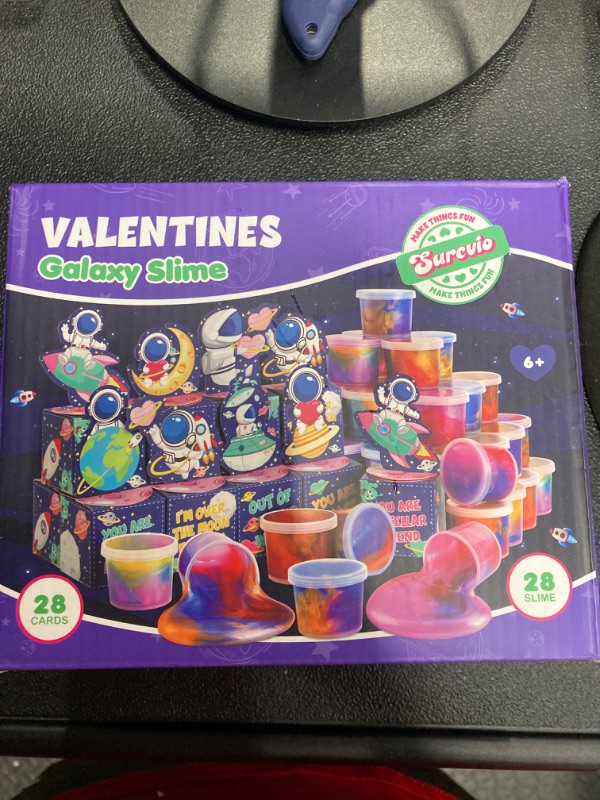 Photo 3 of 28 Pack Valentines Day Gifts for Kids, Galaxy Slime with Greeting Card Box Stress Relief Fidget Toy for Kids Party Favor Supplies, Classroom Exchange Prizes Valentine Party Gifts Style 3