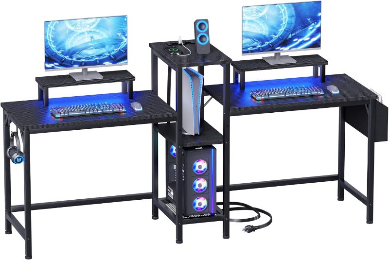 Photo 1 of Furologee 2 Person Gaming Desk with LED Lights, 71 Inch Computer Desk with Power Outlets and Monitor Stand, Double Desk with Storage Bag and Headphone Hooks, Study Writing Table for Home Office, Black