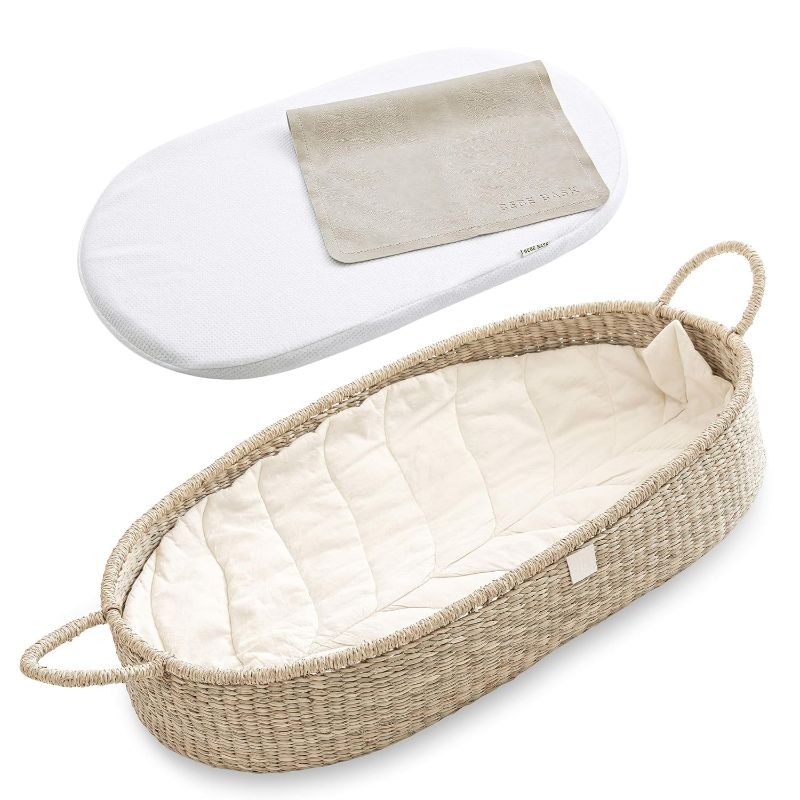 Photo 1 of BEBE BASK Premium Baby Changing Basket - Handmade Natural Seagrass Moses Basket - Luxury Leaf Liner - Thick & Waterproof Bamboo Pad - Vegan Leather Baby Changing Mat - Baby Changing Pad
