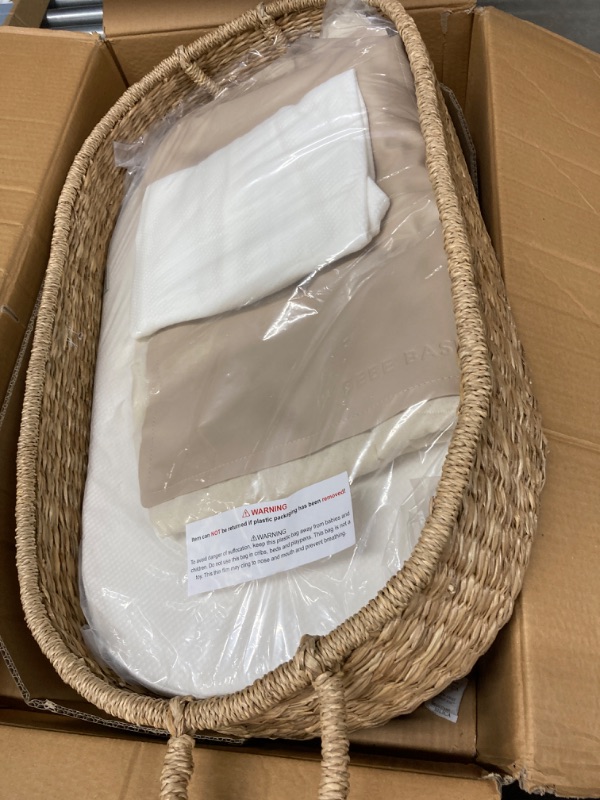 Photo 2 of BEBE BASK Premium Baby Changing Basket - Handmade Natural Seagrass Moses Basket - Luxury Leaf Liner - Thick & Waterproof Bamboo Pad - Vegan Leather Baby Changing Mat - Baby Changing Pad
