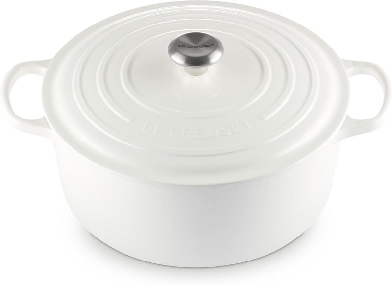 Photo 1 of ***CRACKED HANDLE ***Le Creuset Enameled Cast Iron Signature Round Dutch Oven, 9 qt., White White 9 Qt Oven