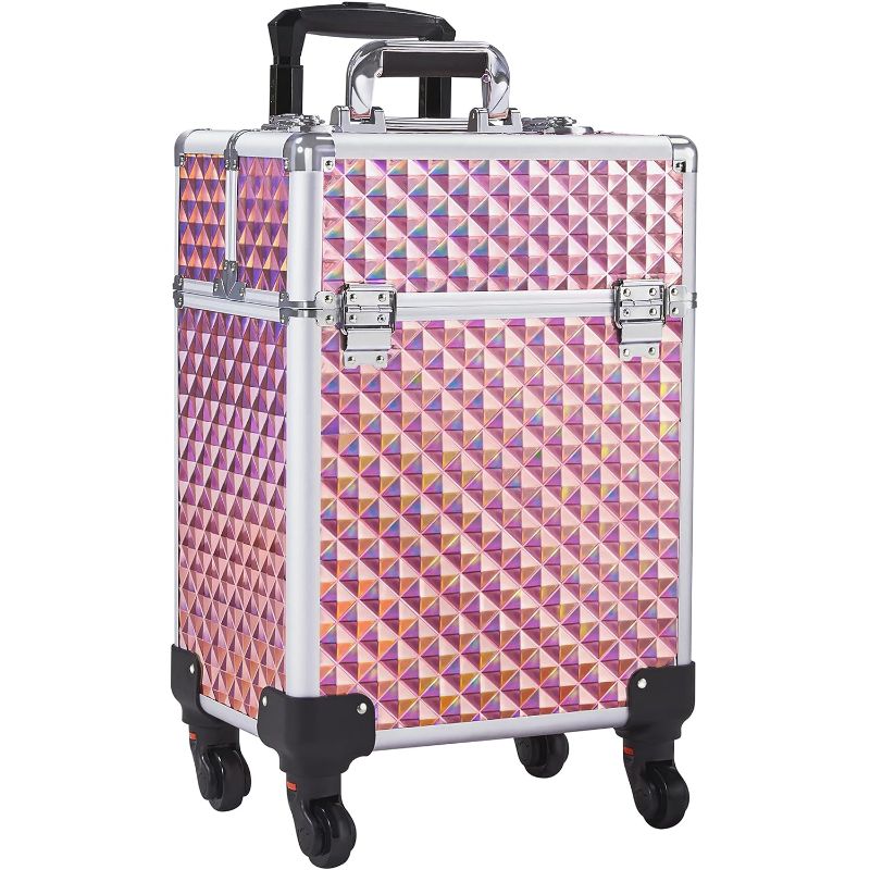 Photo 1 of Yaheetech Rolling Makeup Train Case Professional Aluminum Cosmetic Case Large Space Makeup Trolley with 4 Detachable Removable Wheels, 4 Trays and 1 Cubby with Sliding Rail - Holographic Pink
