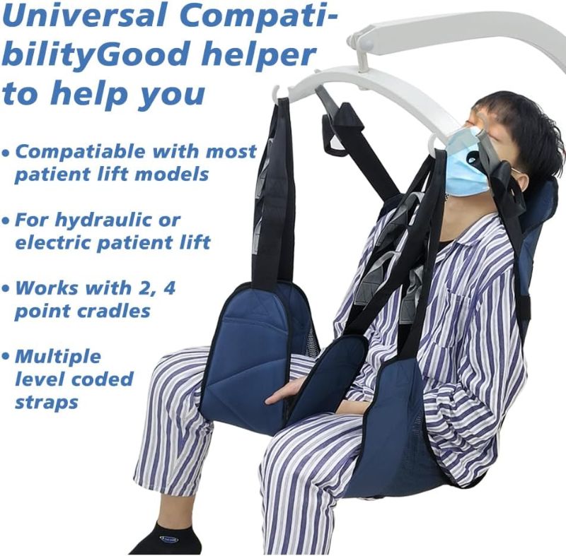 Photo 1 of Size L Universal Mesh Patient Lift Sling, Full Body Lifts Slings with Head and Back Support, Padded Divided Leg Slings with Commode Opening, 5 Handles, 6 Straps, Transfer Sling for Elderly