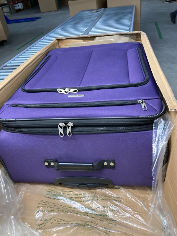 Photo 2 of ***USED, SOME DARK STAINS VISIBLE ON OUTSIDE OF LUGGAGE*** American Tourister Pop Max Softside Luggage with Spinner Wheels, Purple, 3-Piece Set (21/25/29) 3-Piece Set (21/25/29) Purple