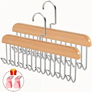 Photo 1 of Plowatxi Belt Hanger for Closet 2 Pack Belt Hanger with 16 Hooks, Sturdy Wooden Non-Slip Belt Holder for Closet Space Saving Belt Organizer for Closet Rotating Display Belt Rack for Bra Hat Tank Tops