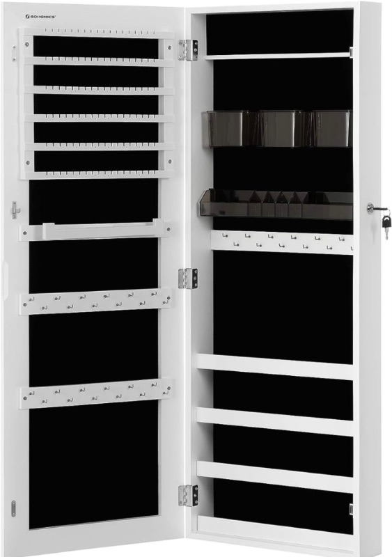 Photo 1 of SONGMICS Jewelry Cabinet Armoire, Mothers Day Gifts, Lockable Wall-Mounted Organizer Unit with 2 Plastic Cosmetic Storage Trays, Full-Length Frameless Mirror, White UJJC001W01