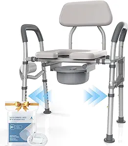 Photo 1 of Agrish Bedside Commode Chair - [Adjustable Width] 450lb Heavy Duty Medical Toilet Seat w/ Cushion Backrest for Seniors, Handicaps - Extra Large Commode Chair with Backrest