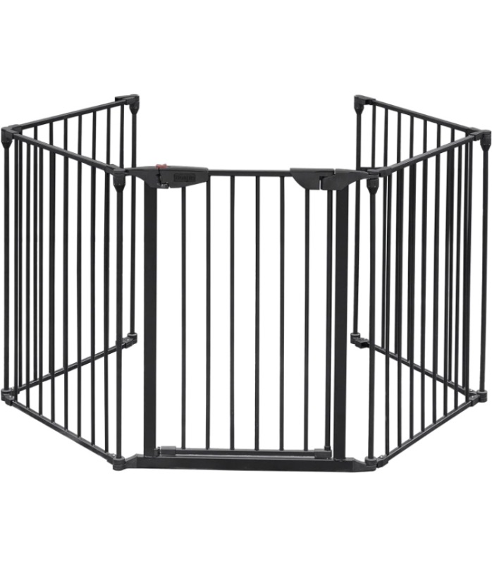 Photo 1 of Bonnlo 120.5-Inch Metal Fireplace Fence Guard 5-Panel Baby Safety Gate/Barrier/Play Yard with Door Christmas Tree Fence Hearth Gate for Kids/Pet/Toddler/Dog/Cat, Black