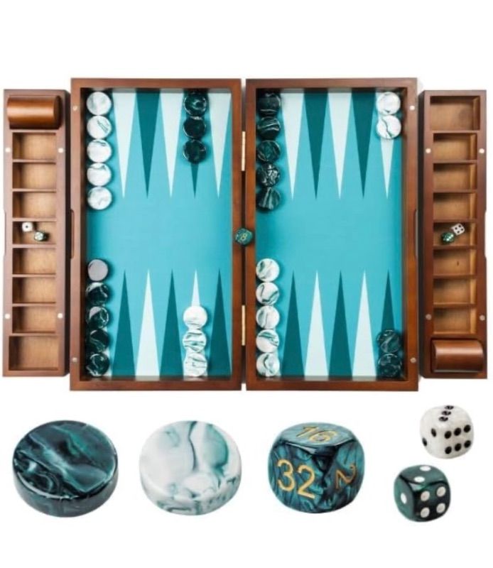 Photo 1 of 20 Inch Large Backgammon Sets for Adults, Green Backgammon Board, Solid Wood. Removable Accessory Tray, Premium 1.5 Inch Checkers & Dice Set, Backgammon Game Set Backgammon Table