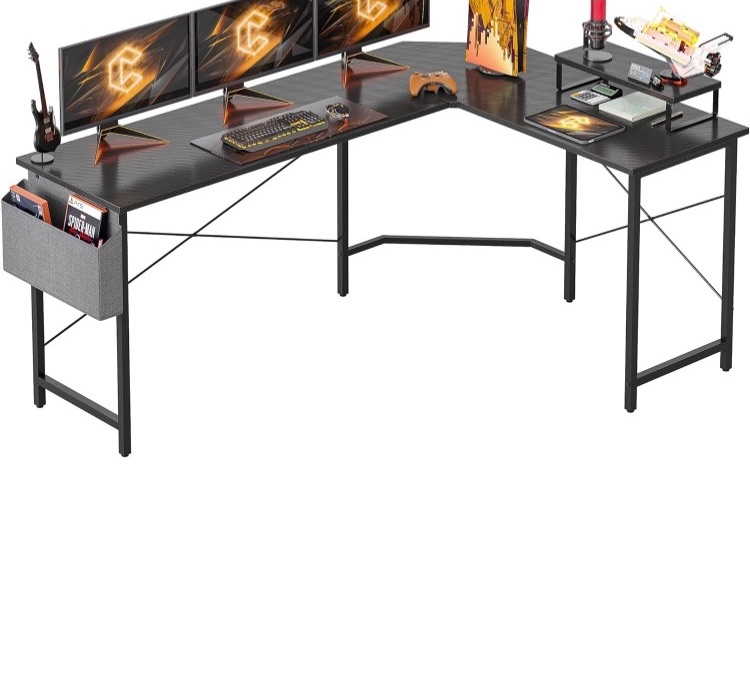 Photo 1 of CubiCubi L Shaped Gaming Desk, 66.9 inch Computer Corner Desk with with Carbon Fiber Surface and Monitor Shelf for Home Office Study Writing Workstation, Black