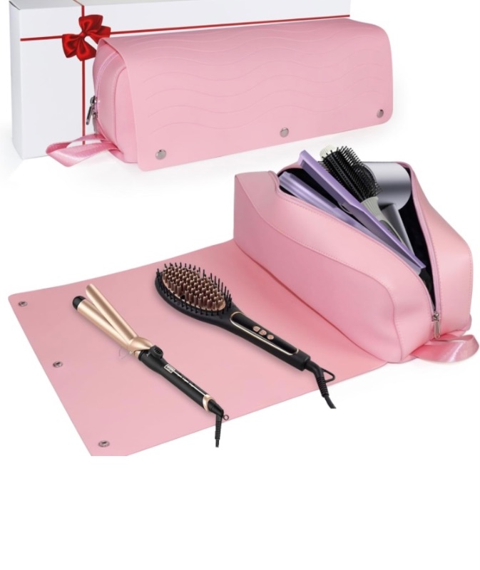Photo 1 of Hair Tools Travel Bag with Silicone Heat Resistant Mat for Flat Irons, Curling Iron, Hair Dryer and Care Accessories, 2 in 1 Hair Tool Organizer Travel Essentials for Women (Pink)