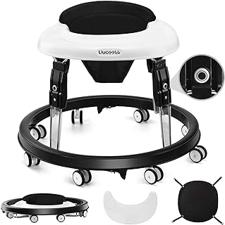 Photo 1 of Baby Walker with Wheels, One-Touch Folding Anti-Roll 8-Wheel Baby Walkers, 7-Speed Height Adjustment with Large Dinner Plate and Brake 6-18 Months Baby Walker, Black