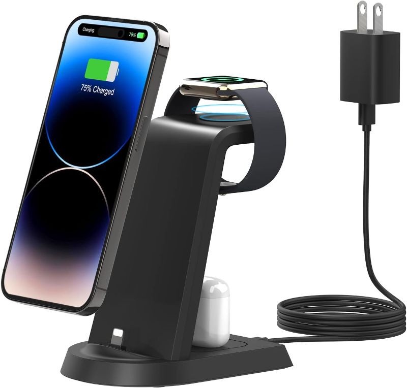 Photo 1 of JoyGeek 3 in 1 Wireless Charging Station for Apple, Wireless Charger Stand for iPhone 15/14/13/12/11/SE/X/8 Pro Max Plus Mini, Charging Dock for Apple Watch Ultra/8/SE/7/6/5/4/3, AirPods Pro 2/3/2