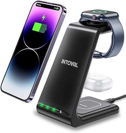 Photo 1 of Intoval Wireless Charging Station, 3 in 1 Charger for Apple iPhone/iWatch/Airpods,iPhone15,14,13,12,11 (Pro,Pro Max)/XS/XR/XS,iWatch9/8/Ultra2/1/7/6/SE/5/4/3/2,Airpods Pro2/Pro1/3 (A3,Black)