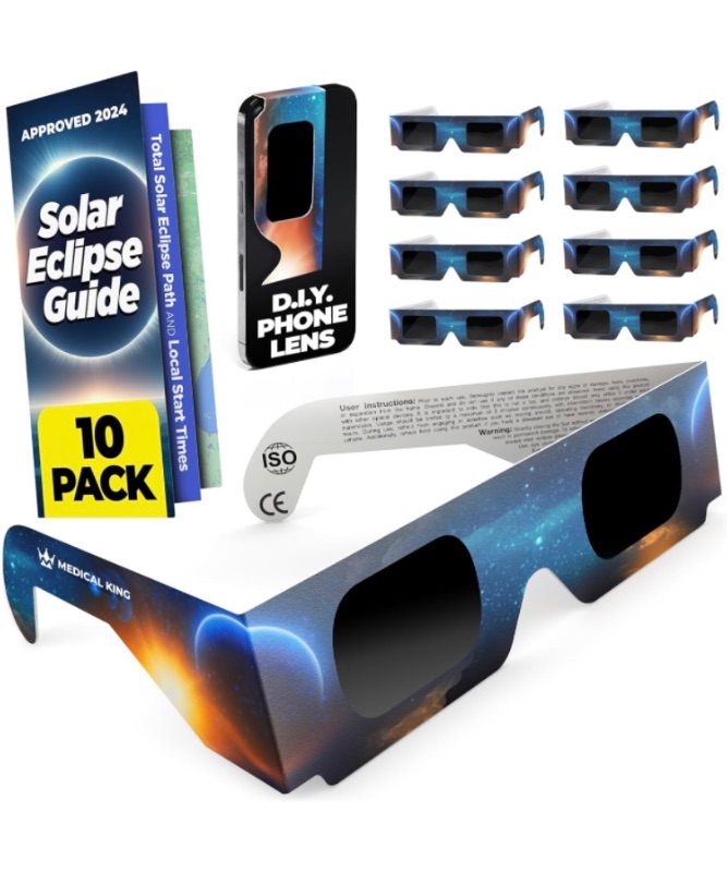 Photo 1 of Medical king Solar Eclipse Glasses Approved 2024, (10 pack) CE and ISO Certified Safe Shades for Direct Sun Viewing Includes Bonus Eclipse Guide With Map 32 pcs 