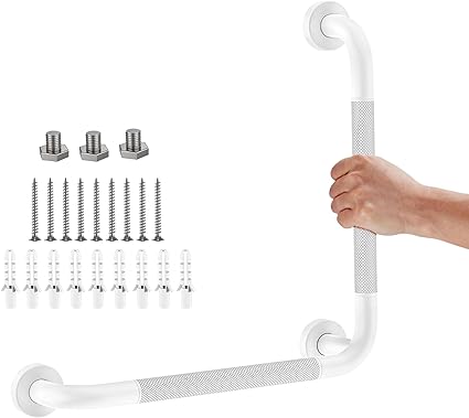 Photo 1 of Angled Grab Bar - 16x16 Inch Stainless Steel Knurled Toilet Handles Wall Mounted Bathroom Handicap Safety Rails for Elderly Injured Balance Support, L-Shaped White Grab Bar for Shower