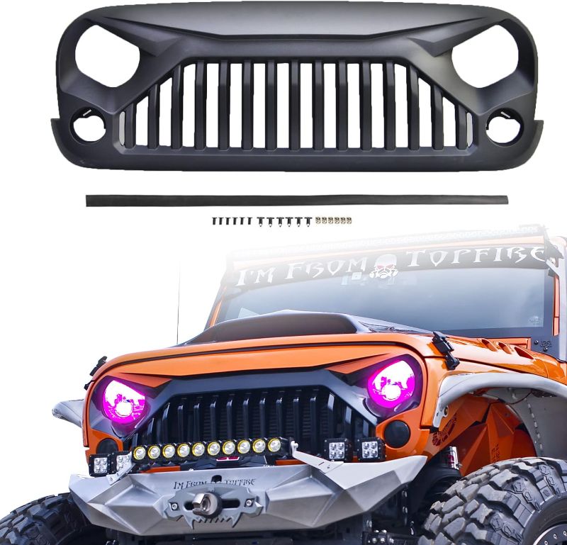 Photo 1 of ABS Front Grill with Strip, Clips and Rivets Replacement for Jeep Wrangler Rubicon Sahara Sport JK/JKU 2007-2018 (Matte Black)