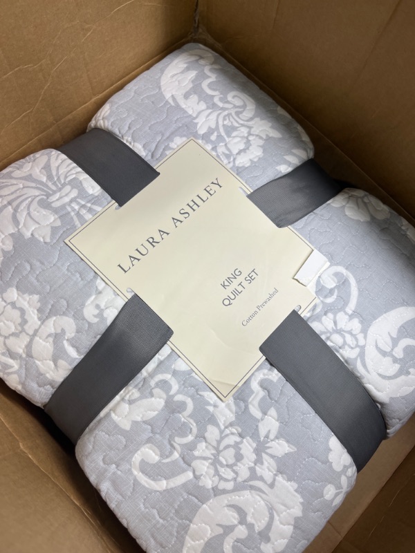 Photo 3 of Laura Ashley Quilt Set Cotton Reversible Bedding with Matching Shams, Lightweight Home Decor Ideal for All Seasons, King, Venetia Grey Quilt Set King Venetia Grey