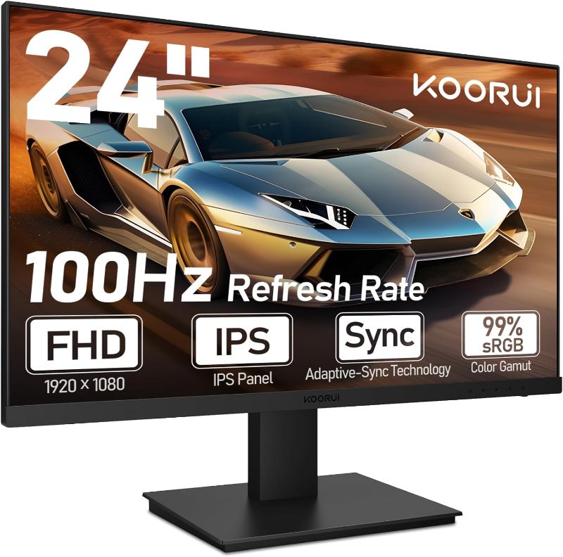 Photo 1 of KOORUI 24 inch Full HD 1080p Gaming Monitor 100Hz, 99% sRGB, Build-in Speakers, Low Blue Light, Tilt, VESA Wall Mount, HDMI x1, VGA Port x1, Black