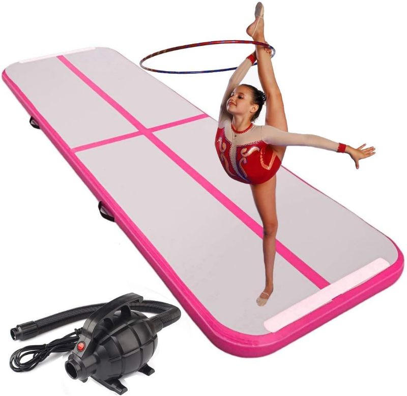 Photo 1 of 10ft/13ft/16ft/20ft/23ft/26ft Inflatable Gymnastics Airtrack Tumbling Mat Air Track Floor Mats with Electric Air Pump for Home Use/Training/Cheerleading/Beach/Park and Water 16ftX3.3ftX4inch Pink