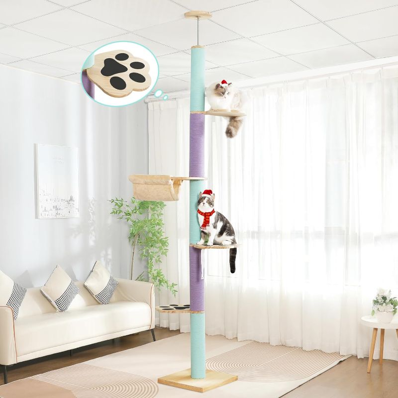 Photo 1 of Cat Tower Floor to Ceiling Cat Tree 5-Tier, 95.5-104 Inch Adjustable Height Cat Scratching Post, Wooden Cat Tree Tower with Hammock, Natural Sisal Rope Cat Climbing Tower