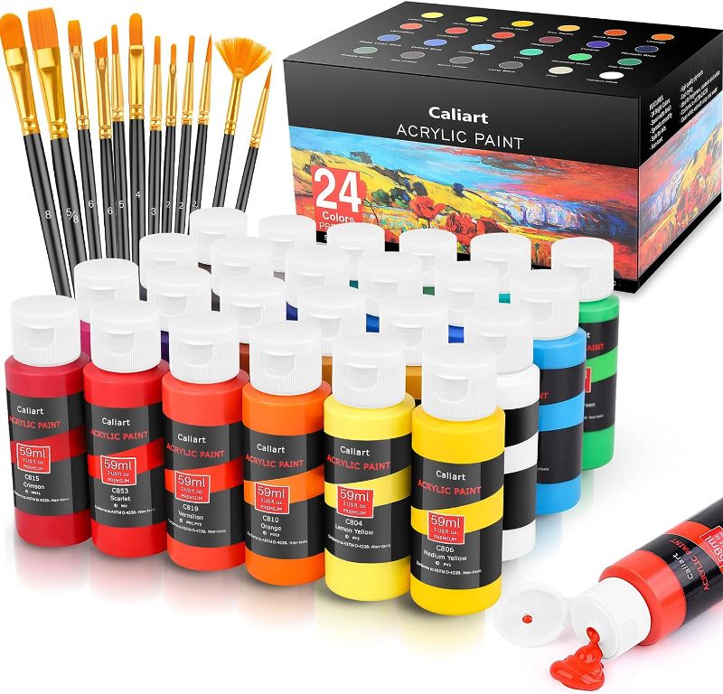 Photo 1 of Caliart 24 Colors Acrylic Paint Set With 12 Brushes, Easter Basket Stuffers for Teens, Art Craft Paints Gifts Trendy Stuff for Artists Kids Teen, Canvas Ceramic Rock Eggs Painting Kit Art Supplies