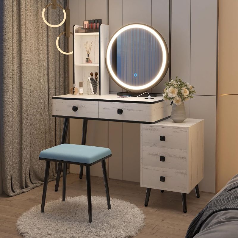 Photo 1 of **MIRROR ONLY** LVSOMT Vanity Desk with 3-Color Lighted Mirror, Makeup Vanity Table with Lights & Charging Station, Vanity Set with 5 Drawers, Dressing Table with Stool for Women Girls (White) White Vanity desk+round mirror+chest