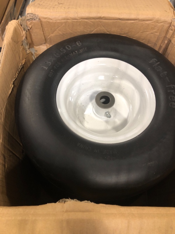 Photo 2 of 13x5.00-6 flat free tire and wheel, Zero-Turn Mower Front Solid Tire Assembly for Riding Lawn Mower Garden Tractor,3/4" Grease Bushing with Extra 5/8" Bushing,3.25"- 5.9" Center Hub (2 Pack)