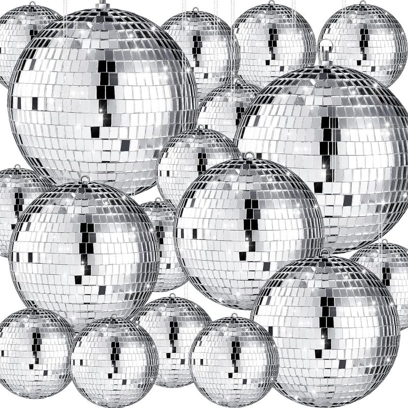 Photo 1 of 17 Pack Large Disco Ball Hanging Disco Ball Small Disco Ball Mirror Disco Balls Decorations for Party Wedding Dance and Music Festivals Decor Club Stage Props DJ Decoration (8, 6, 3.2 Inch)
