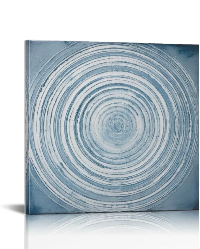 Photo 1 of 100% Hand Painted Blue Abstract Oil Painting - Glitter Embelished Wall Art, 3D Texture Modern Geometric Circle Canvas Home Decor for Living Room Bedroom Office, Ready 
