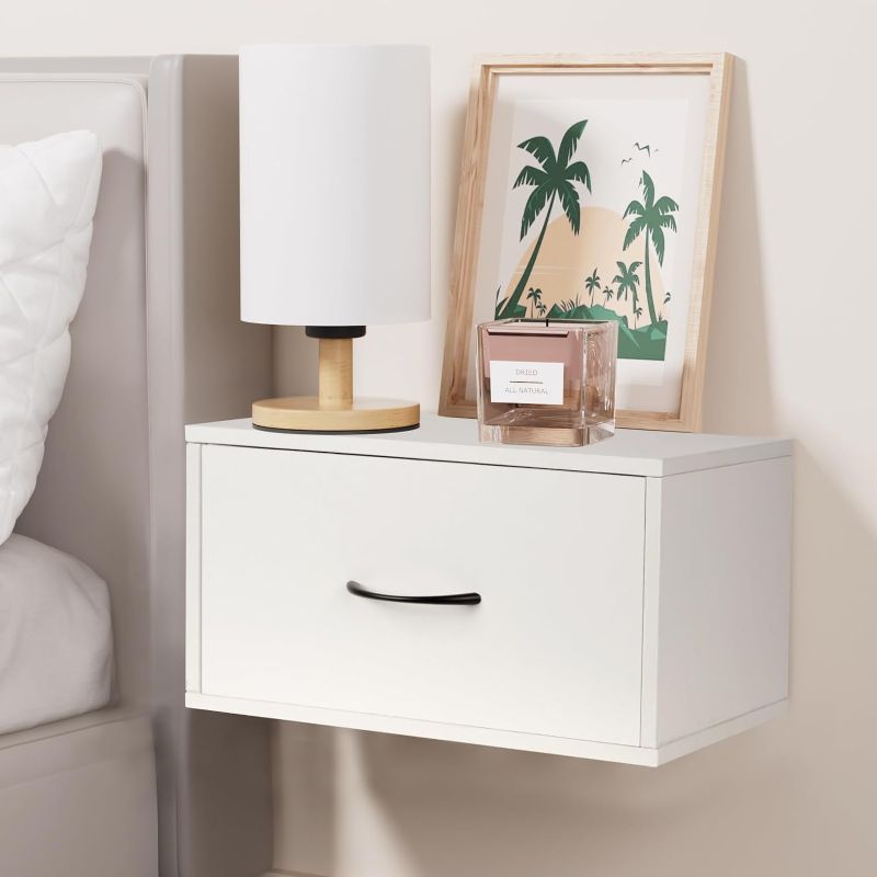 Photo 1 of Floating Nightstand Shelf with Drawer, Bedside Shelf Wall Mounted Nightstand, White Bed Side Table/Night Stand with Drawer, Small Wall Shelves for Bedroom Modern Decor