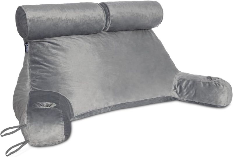 Photo 1 of  Double Reading Pillow with Shredded Memory Foam, Great as Backrest for Books or Gaming with Removable Velour Cover-Two Person Sit Up Pillow (Grey)