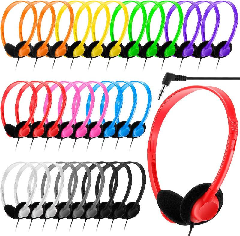 Photo 1 of 30 Pack Class Set Headphones for Kids Students School Classroom Headphones Bulk Over the Ear Earphones Adjustable with 3.5 mm Jack for Library Children Adults Christmas Office Gifts(Multicolor)