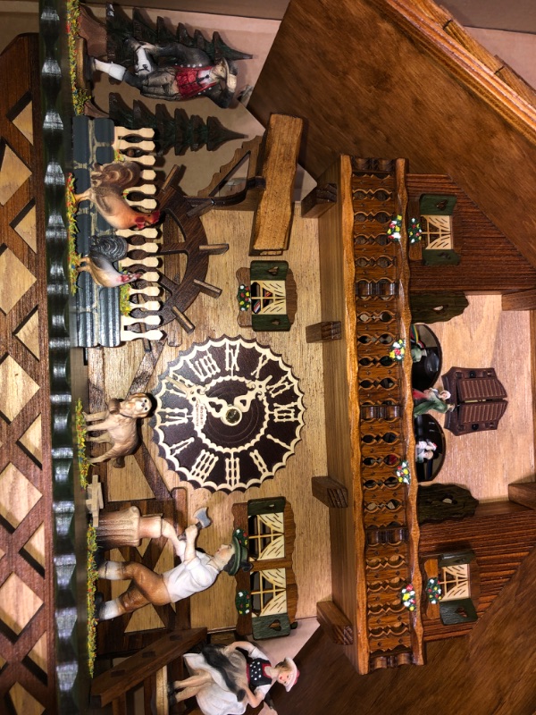 Photo 5 of (Decore only)  Trenkle Quartz Cuckoo Clock Black Forest House with Moving Wood Chopper and Mill Wheel, with Music TU 4259 QMT HZZG **dont work** 