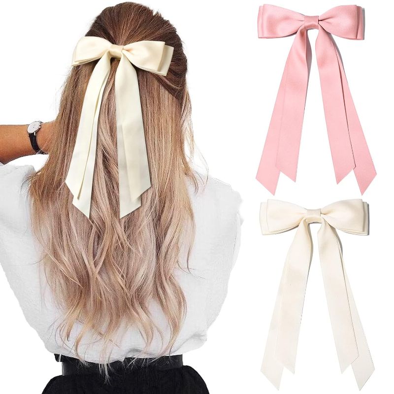 Photo 1 of 2PCS Silky Satin Hair Bows Hair Clip Beige Pink Hair Ribbon Ponytail Holder Accessories Slides Metal Clips Hair Bow for Women Girls Toddlers Teens Kids Beige & Pink