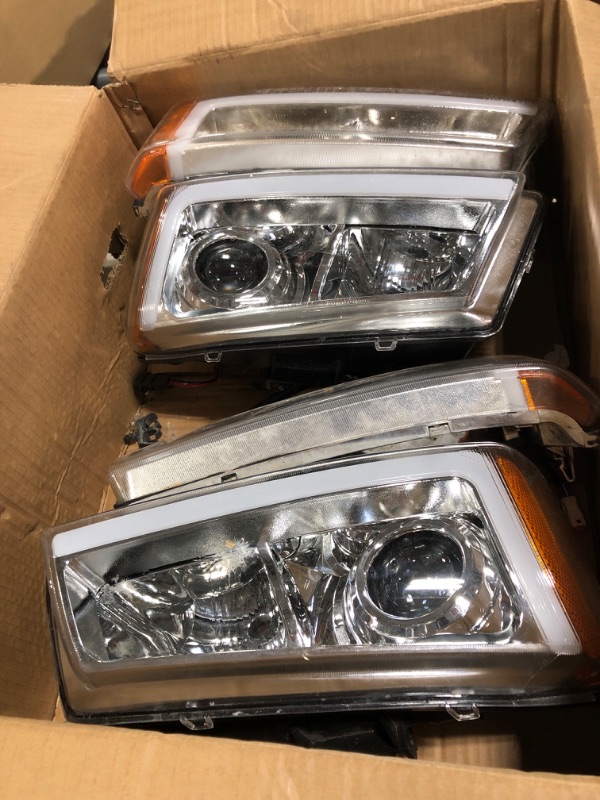 Photo 2 of AUTOSAVER88 Switchback DRL Headlight Assembly Compatible with 2003 2004 2005 2006 Chevy Silverado 2003-2006 Avalanche Projector Headlamp Chrome Housing Switchback LED w/ Projector - Chrome/Amber/Clear