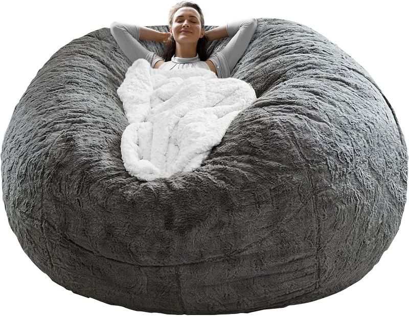 Photo 1 of RAINBEAN Bean Bag Chair Cover(it was only a Cover, not a Full Bean Bag), Big Round Soft Fluffy PV Velvet Sofa Bed Cover, Living Room Furniture, Lazy Sofa Bed Cover,5ft dark grey(Cover only,No Filler).