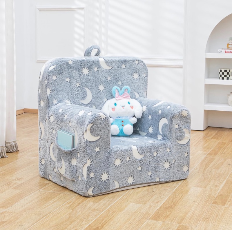 Photo 1 of **USED**  ** NEEDS CLEANED ** Snuggly-Soft Cuddly Toddler Plush Armchair for Boys and Girls Fuzzy Plush Kids Sofa Couch Reading Chair with Children Friendly Handle for Easy Movement & Double Pockets for Storage, Glowing Grey