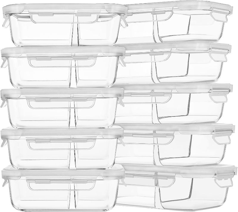 Photo 1 of 10 Pack Glass Meal Prep Containers 2 Compartment, Food Storage Containers with Lids, Airtight Lunch Bento Boxes (10 lids & 10 Containers) - White