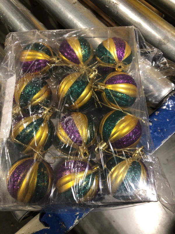 Photo 1 of 12 Pcs Mardi Gras Glitter Ball Ornaments- 1.6" Mardi Gras Shatterproof Hanging Balls Ornament- Purple Gold Green Tree Balls for Mardi Gras Holiday New Orleans Masquerade Party Decoration