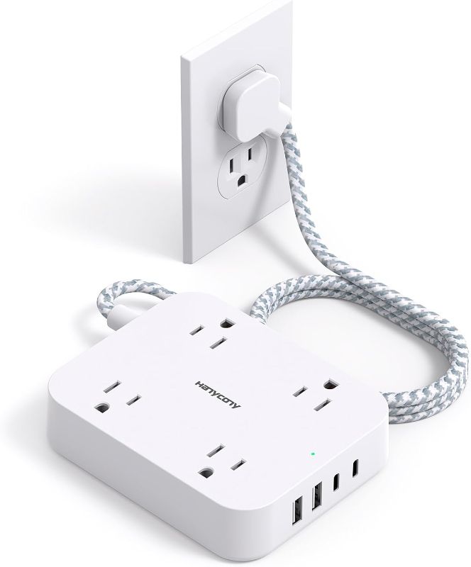 Photo 1 of Flat Plug Extension Cord, 5ft Power Strip with 4 USB Ports(2 USB C), 4 Widely Outlets Extender, Wall Mount, Desk Charging Station for Office, School, Travel and Dorm Room Essentials, ETL Listed